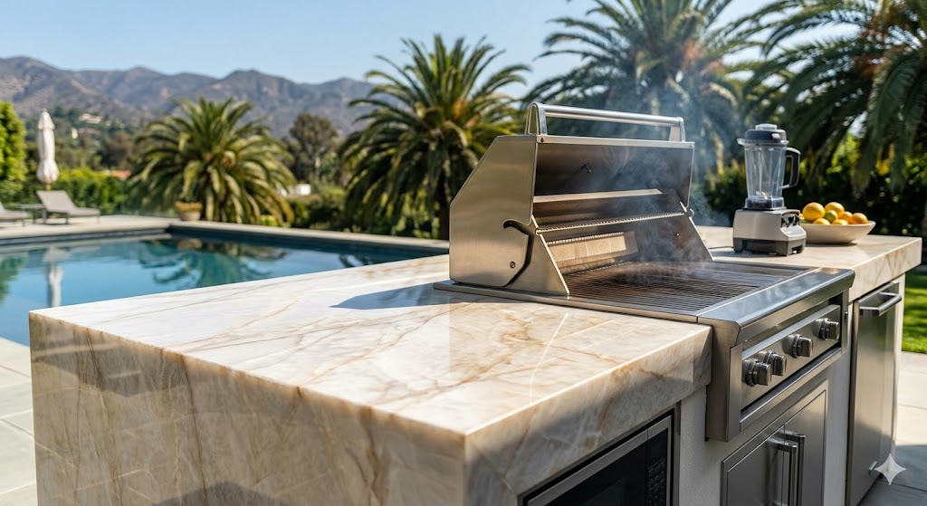 This luxurious outdoor kitchen island on a sun-drenched patio features a rugged yet beautiful Quartzite countertop.